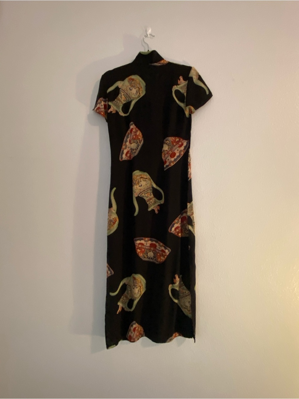 Black 100% Pure Silk Tea Pot Print Midi Dress with Mandarin Collar - Picture 7 of 12
